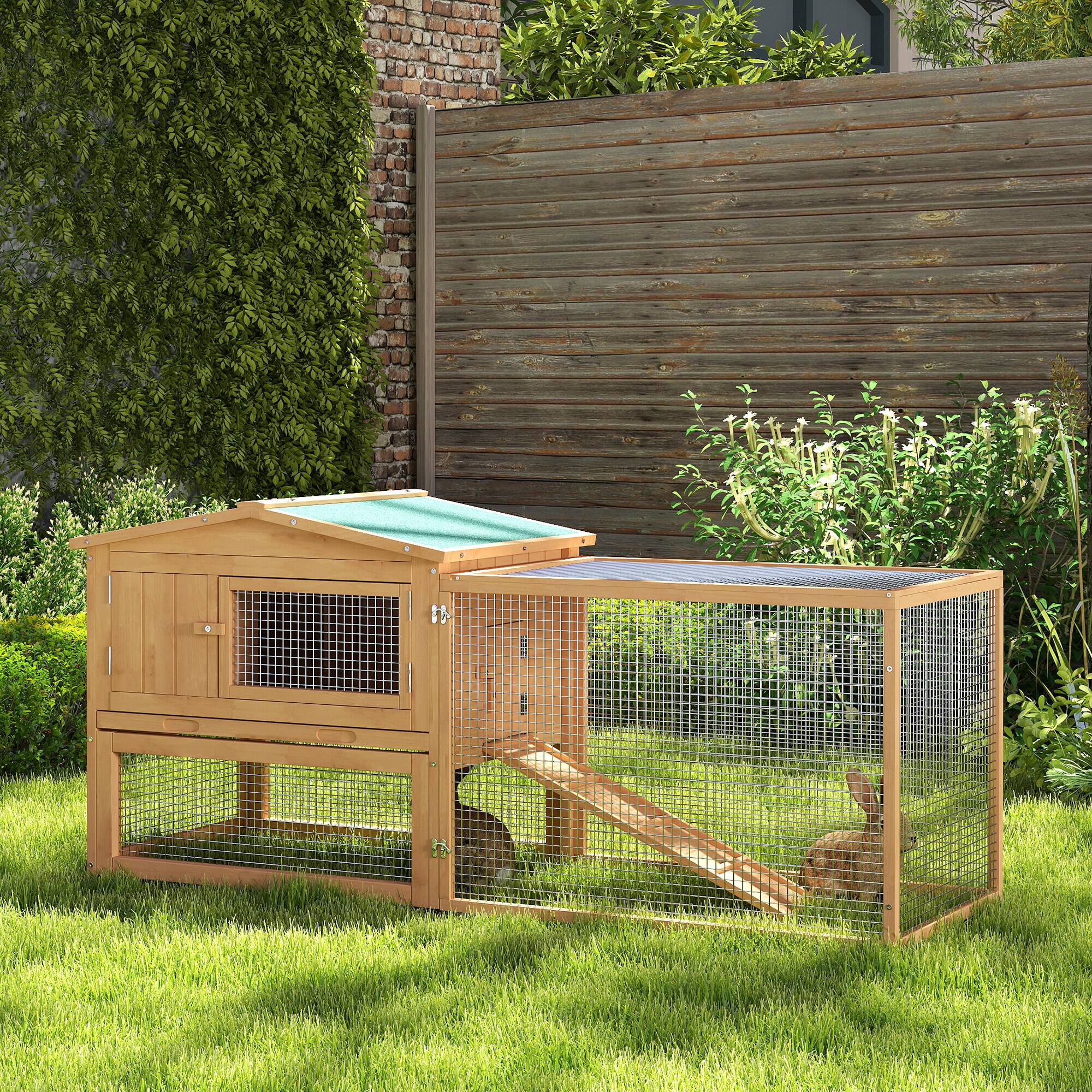 Angle. Pawhut - 62" Wooden Outdoor Rabbit Hutch Small Animal Habitat with Detachable Run and Elevated Main.