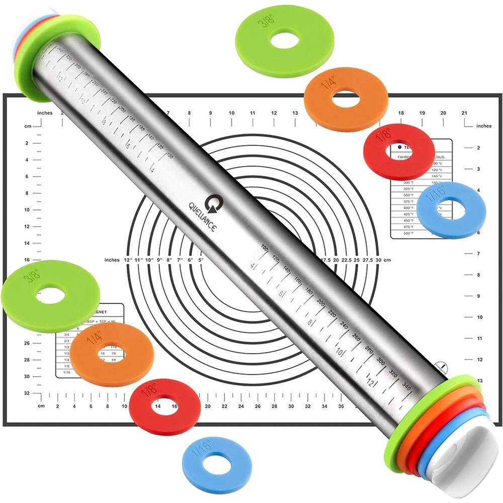 PARKER SLATER - Rolling Pin & Pastry Mat Set – Adjustable Stainless Steel Roller, Black Nonstick Mat