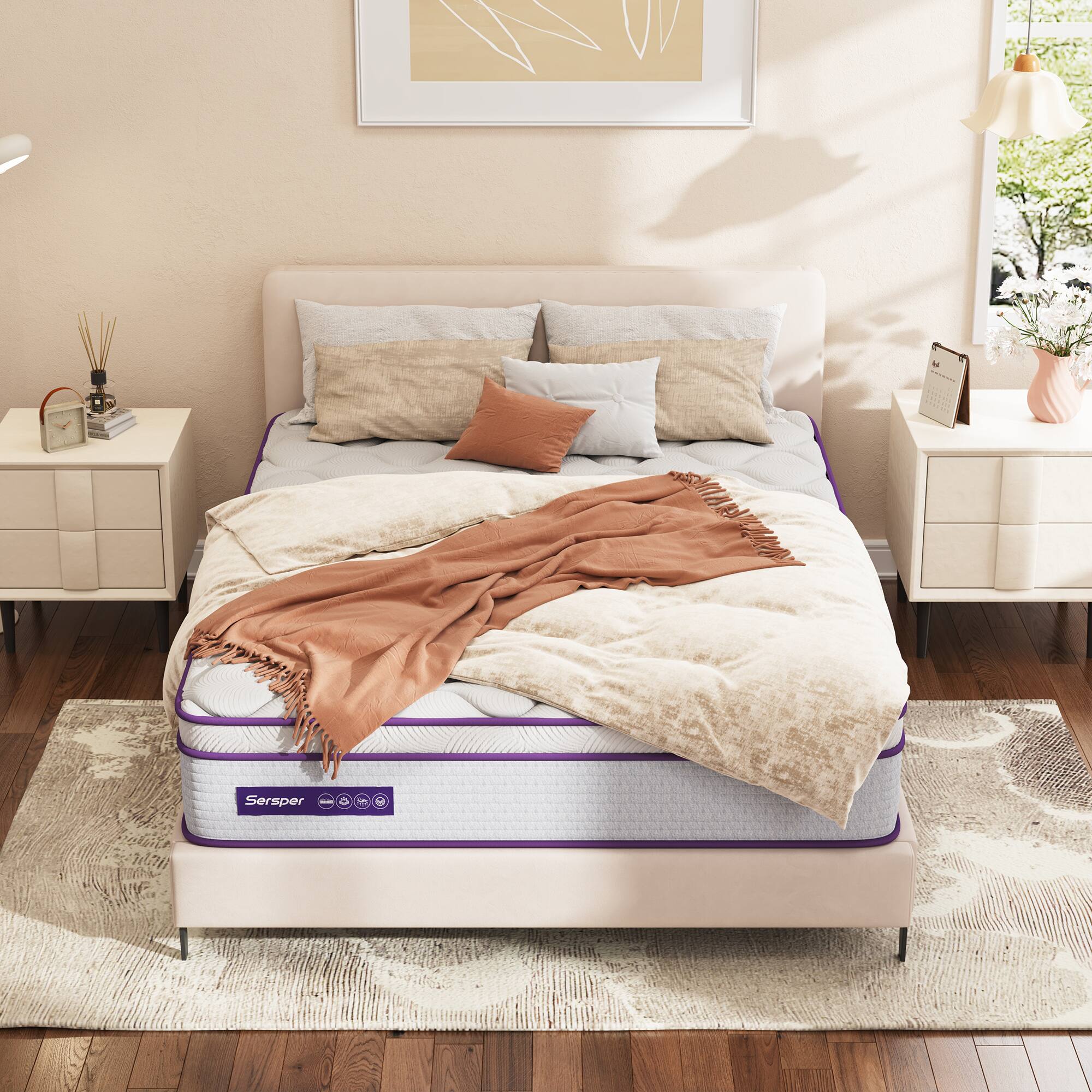 Left. Sersper - 12 in. Medium Firm Hybrid Euro Top King Size Breathable Mattress - Purple&White.
