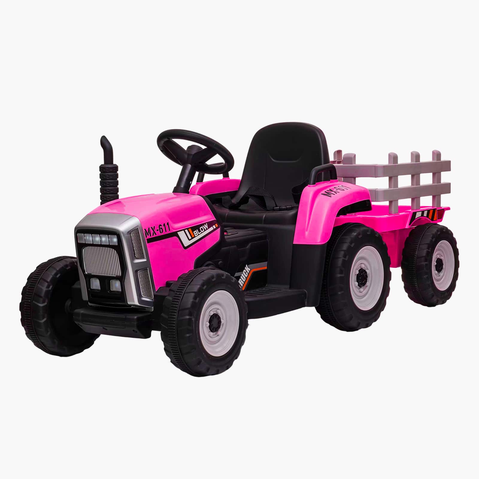Qeetex - 12V Kids Electric Tractor with Trailer, Ride On Car w/Remote, LED Lights, 3-Speed, EVA Tires,35W - Rose Red
