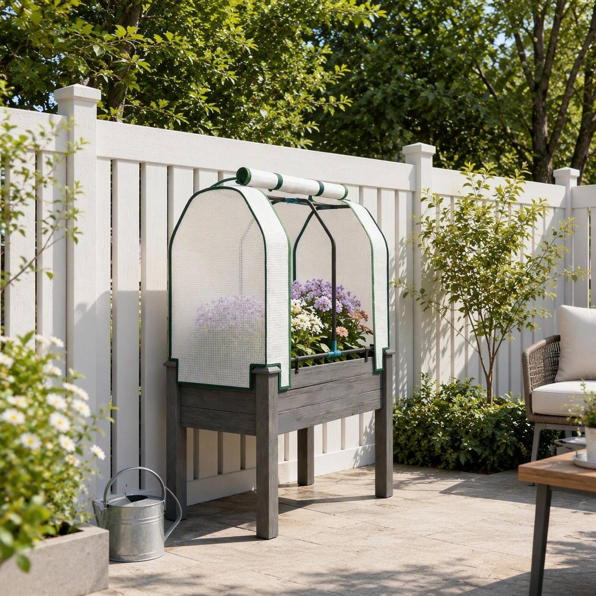 Back. RYHNUYNE - Raised Garden Bed Planter Box with Legs, Dark Gray Fir Wood and Steel Frame, PE Roll-Up Cover, Breathable Fabric - Dark Gray.