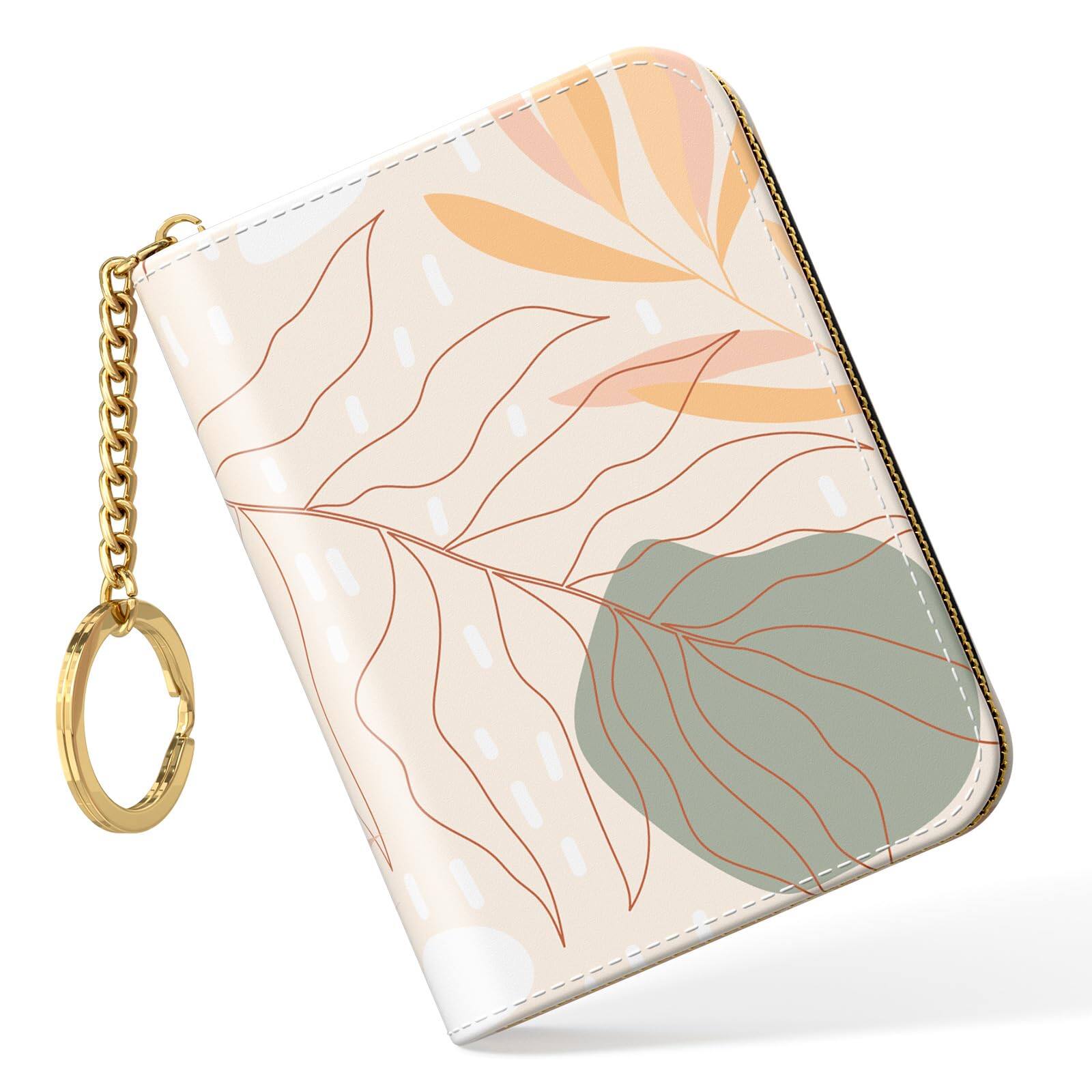 Jadie Link - Credit Card Holder Small Rfid Wallet Women Slim Leather Organizer Pocket Business Case Zipper Keychain Simple Abstract - Abstract Art Leaf