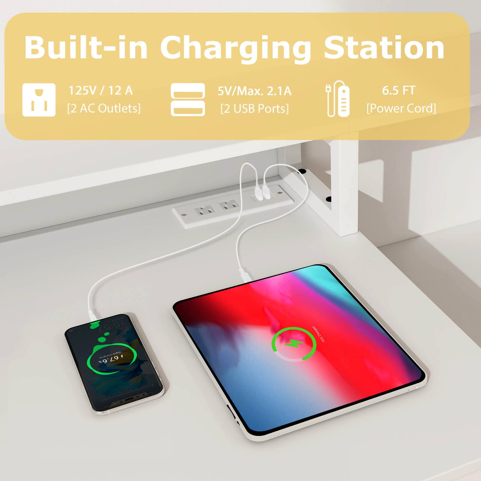 Built-in Charging Station: 125V / 12 / 12 A, 5V/Max. 2.1A, 6.5 FT [2 AC Outlets, 2 USB Ports, Power Cord] [20% - 67.6%] [9 L9 A]