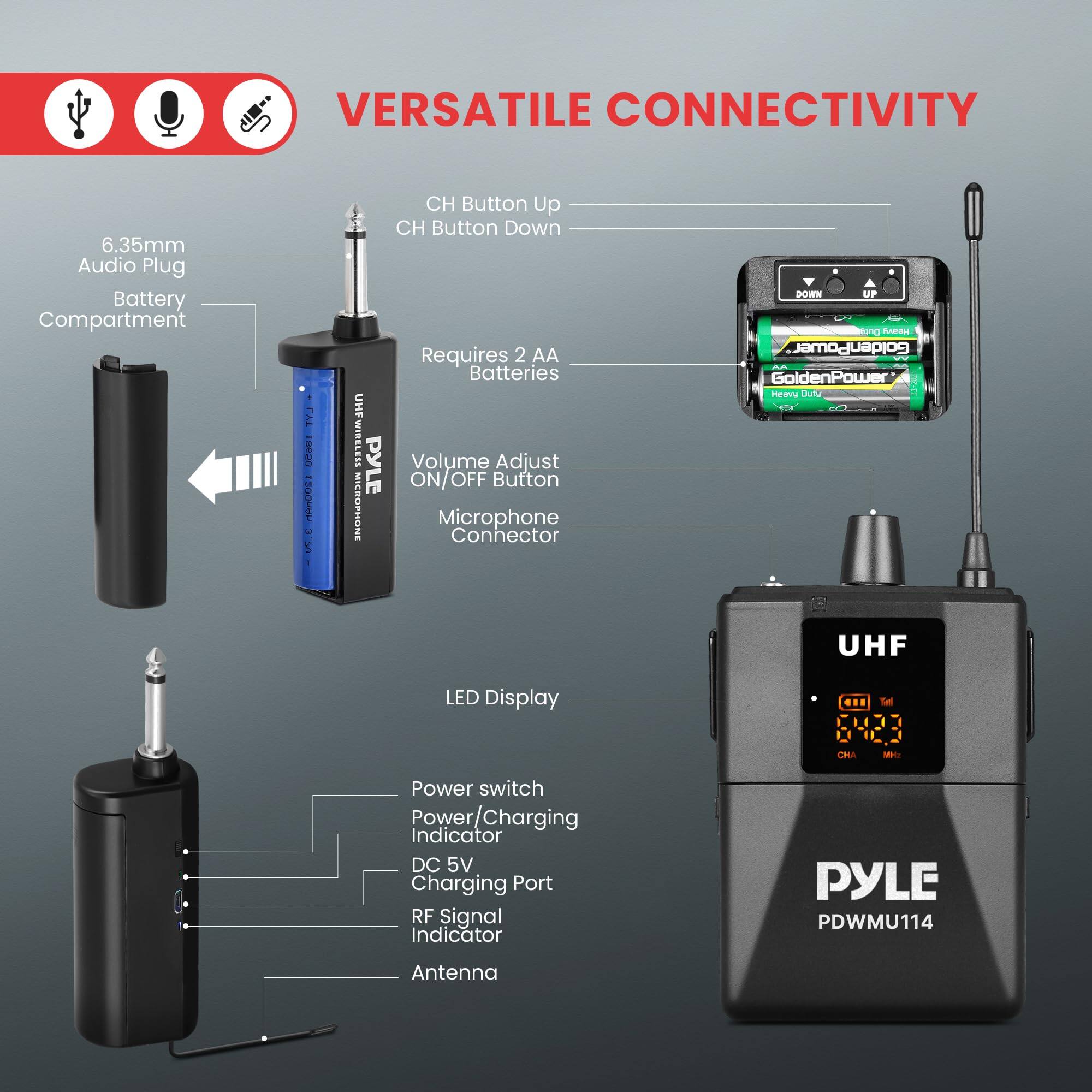 VERSATILE CONNECTIVITY

- 6.35mm Audio Plug
- Battery Compartment
- CH Button Up
- CH Button Down
- Requires 2 AA Batteries
- Volume Adjust ON/OFF Button
- Microphone Connector
- LED Display
- Power switch
- Power/Charging Indicator
- DC 5V Charging Port
- RF Signal Indicator
- Antenna

PYLE PDWMU114

UHF

CHA MHz
