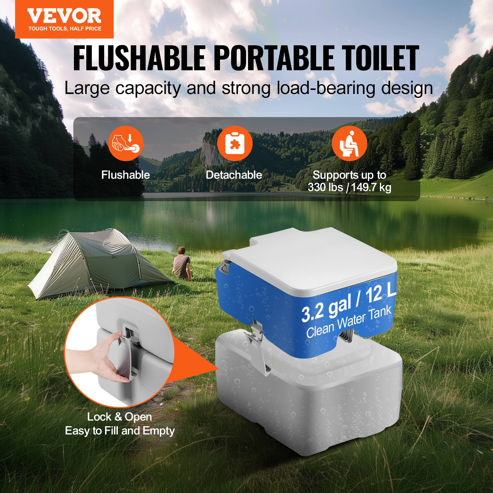 VEVOR TOUGH TOOLS. HALF PRICE FLUSHABLE PORTABLE TOILET. Large capacity and strong load-bearing design. Flushable. Detachable. Supports up to 330 lbs / 149.7 kg. 3.2 gal / 12 L tank. Clean water. Lock & Open. Easy to fill and empty.