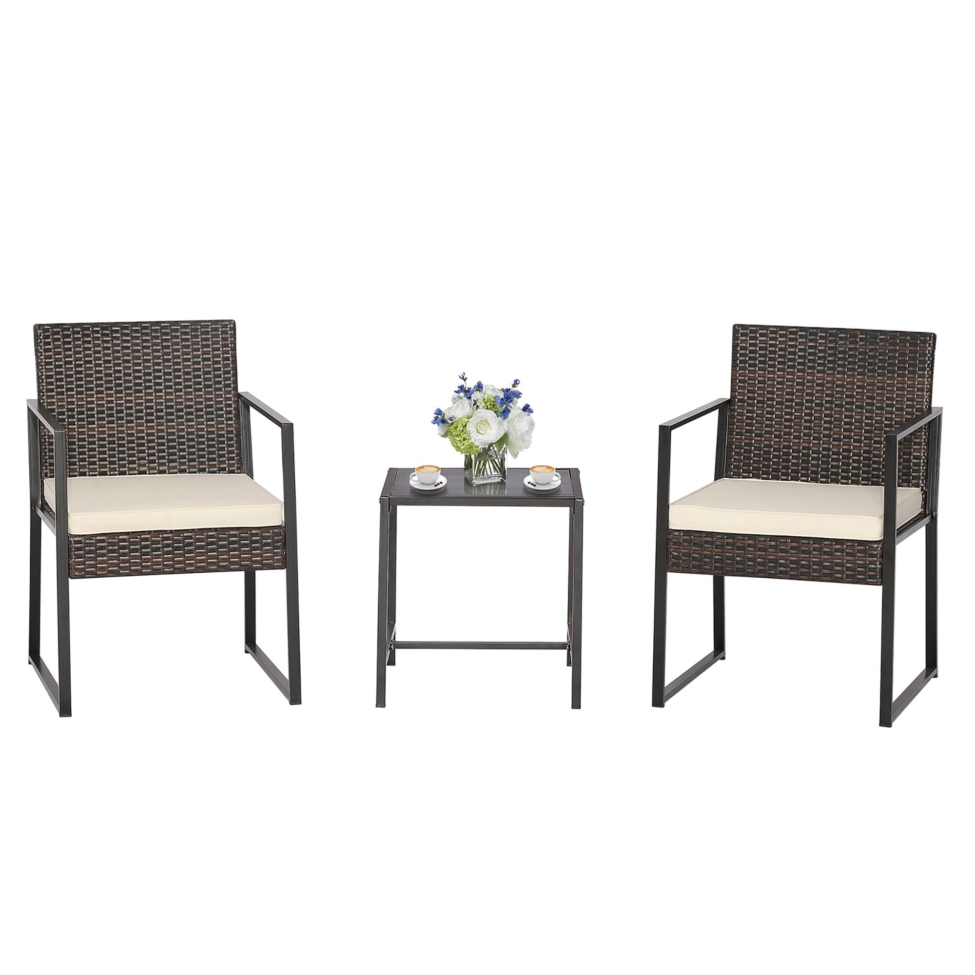Alt View 1. Gymax - Gymax 3PCS Patio Rattan Hand-Woven PE Wicker Bistro Set Outdoor Furniture Set w/ Table & Cushion - Off White.
