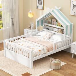 Whisen - Wooden House Platform Bed with Storage Headboard Shelf and Fabric Canopy - White