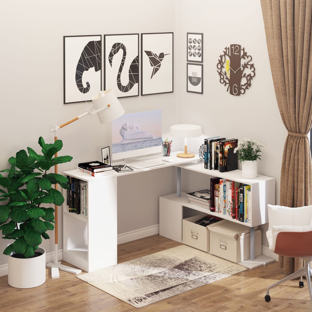 Anysun - 55" 360° Rotating L Shaped Corner Computer Desk with Storage Shelves & Bookshelf, Home Office Workstation - White
