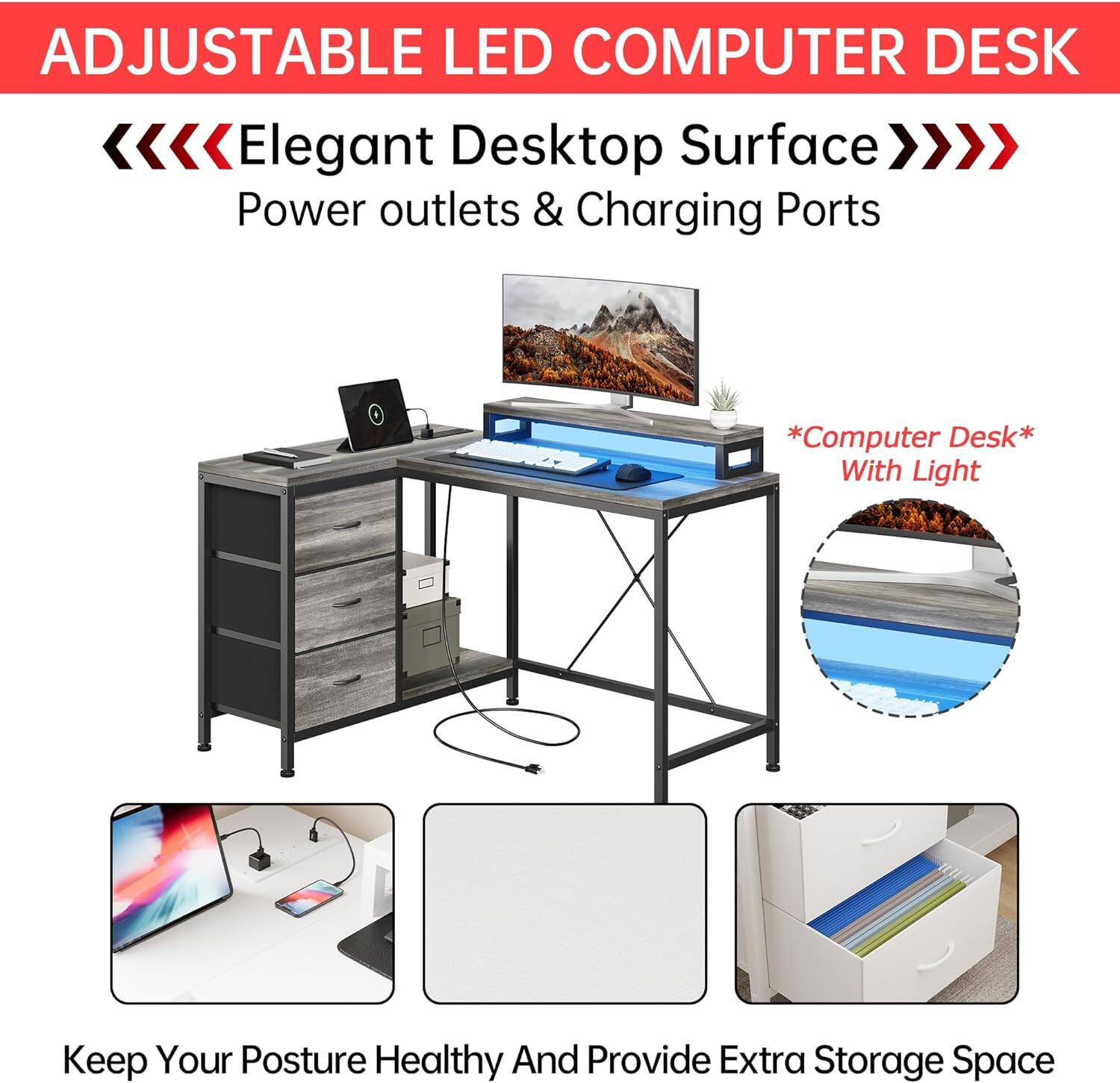 ADJUSTABLE LED COMPUTER DESK

Elegant Desktop Surface

Power outlets & Charging Ports

*Computer Desk* With Light

Keep Your Posture Healthy And Provide Extra Storage Space