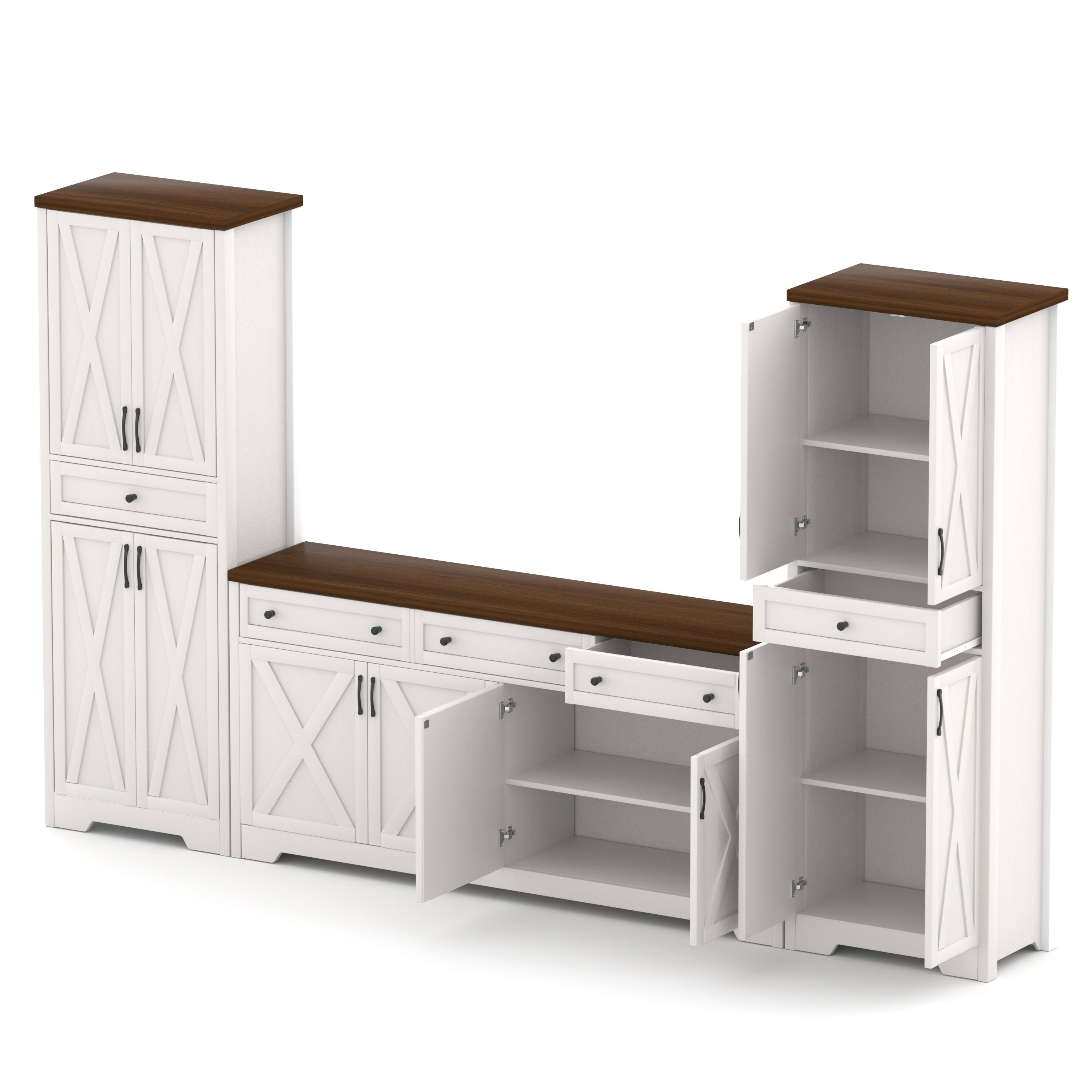Left. TinyHomie - TV Cabinet Set Multifunctional TV Wall One TV Cabinet and Two Sideboards for Living Room 113.5in L x 15in W x 68in H - White and Walnut.