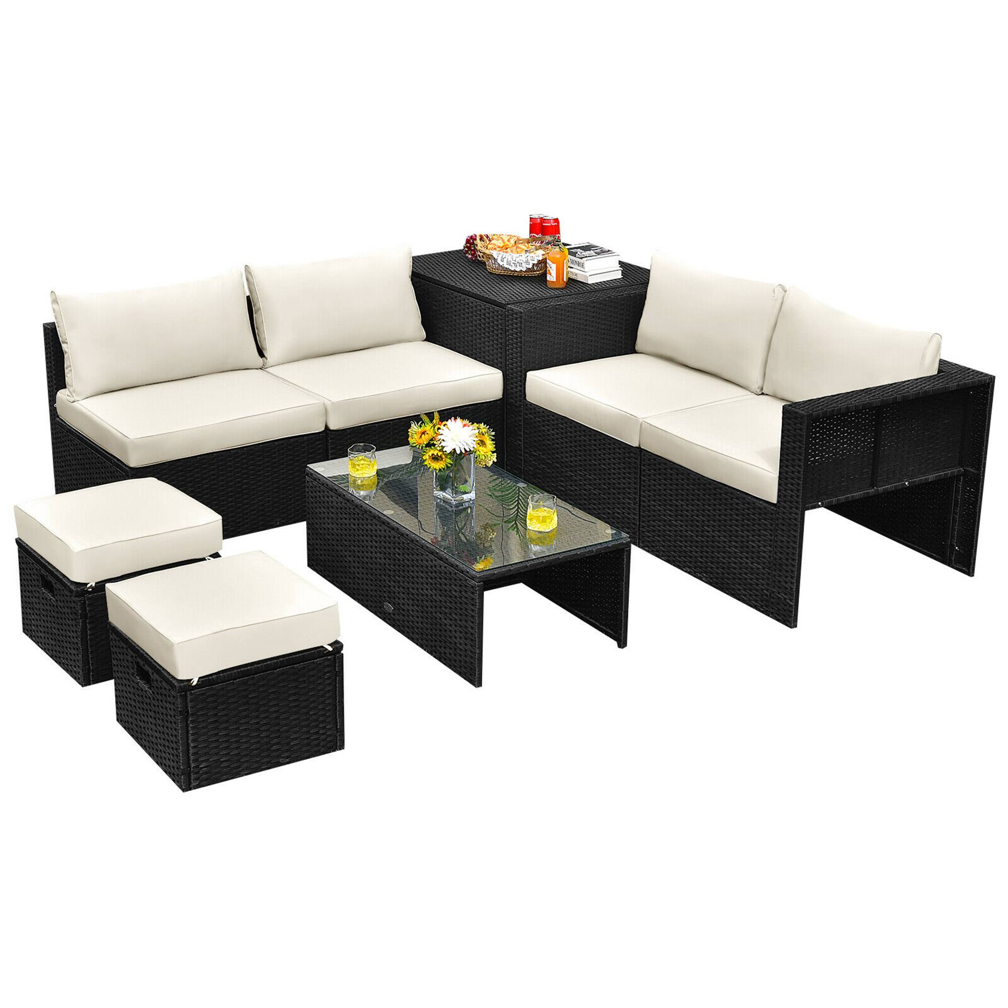 Alt View 1. Gymax - Gymax 8PCS Rattan Patio Sectional Furniture Set w/ Waterproof Cover & Off White Cushions - Off White.