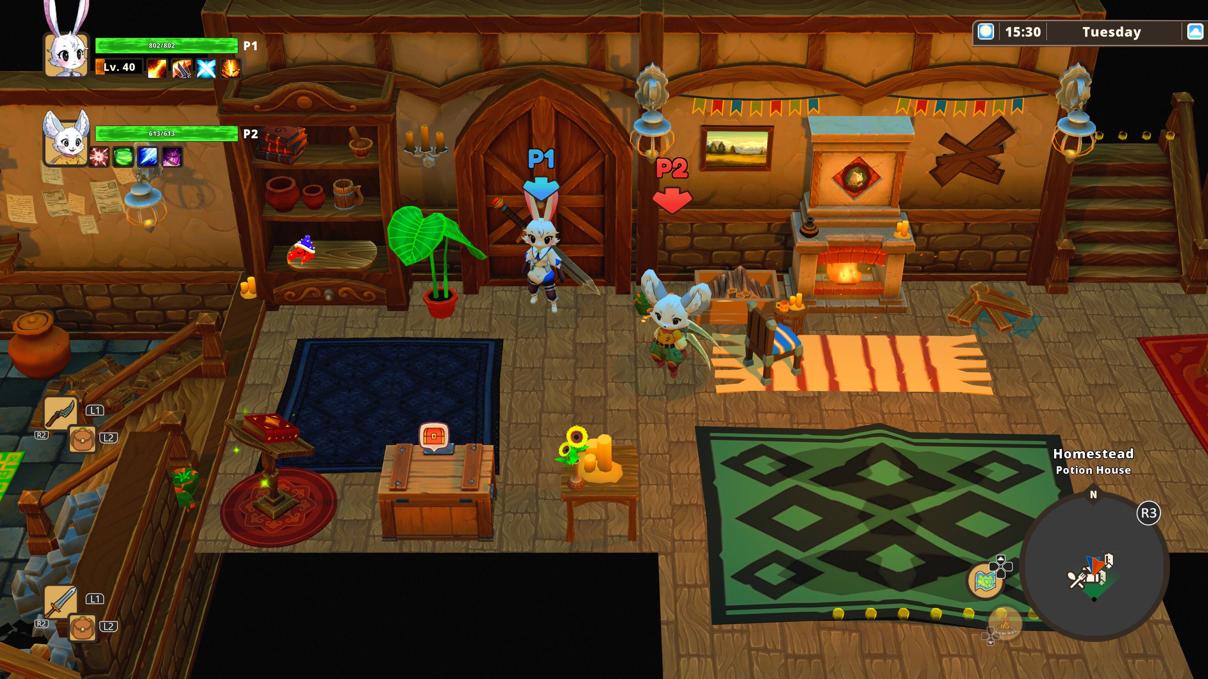 202/202  
P1  
15:30  
Tuesday  
Lv. 40  

612/612  
P2  
P1  
WWWWWWWW P2  
R2 R2  
L2 L1 L2  
Homestead Potion House R3