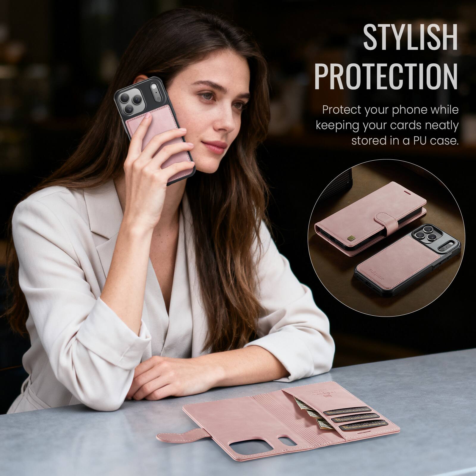 STYLISH PROTECTION  
Protect your phone while keeping your cards neatly stored in a PU case.
