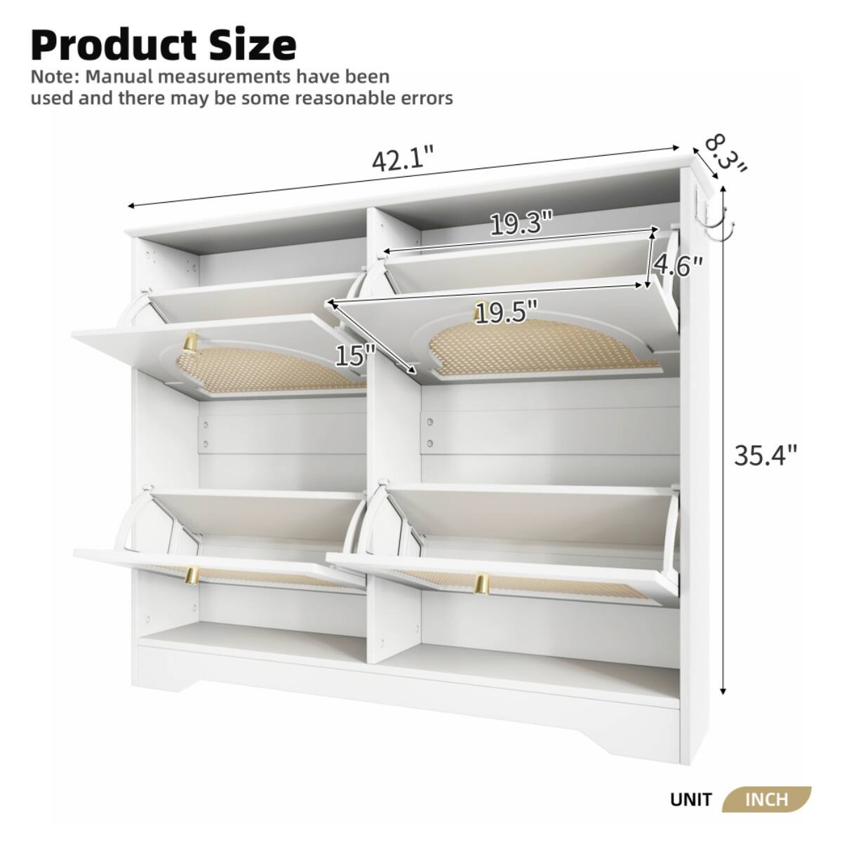 Product Size

Note: Manual measurements have been used and there may be some reasonable errors

- Width: 42.1"
- Depth: 19.3"
- Height: 35.4"
- Shelf Depth: 19.5"
- Shelf Height: 15"
- Drawer Height: 8.3"
- Drawer Depth: 4.6"

UNIT: INCH