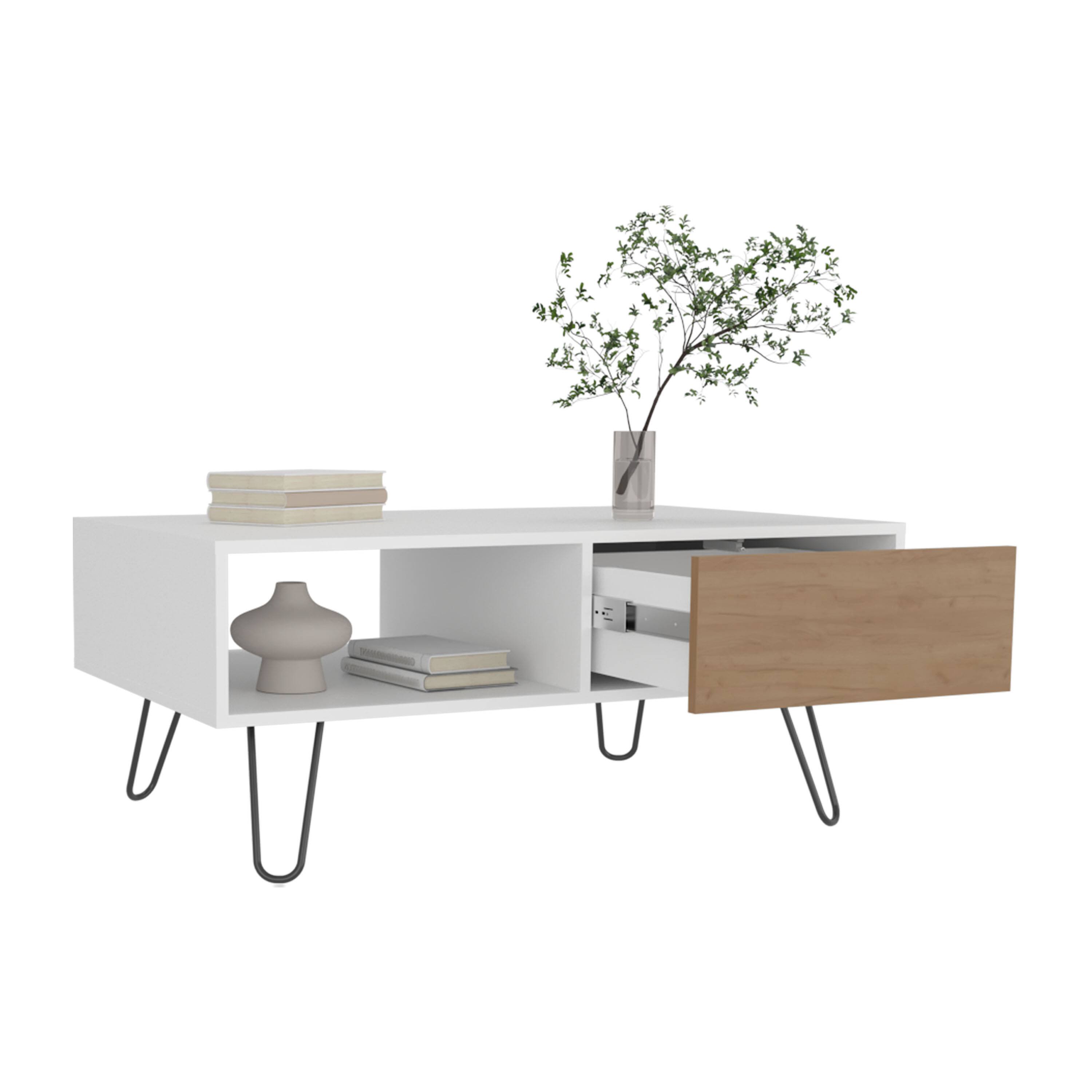 Alt View 1. TuHome - Tori Wide Coffee Table with One Drawer, One Shelf, Rectangular, Living Room and Home - Natural Oak - White.