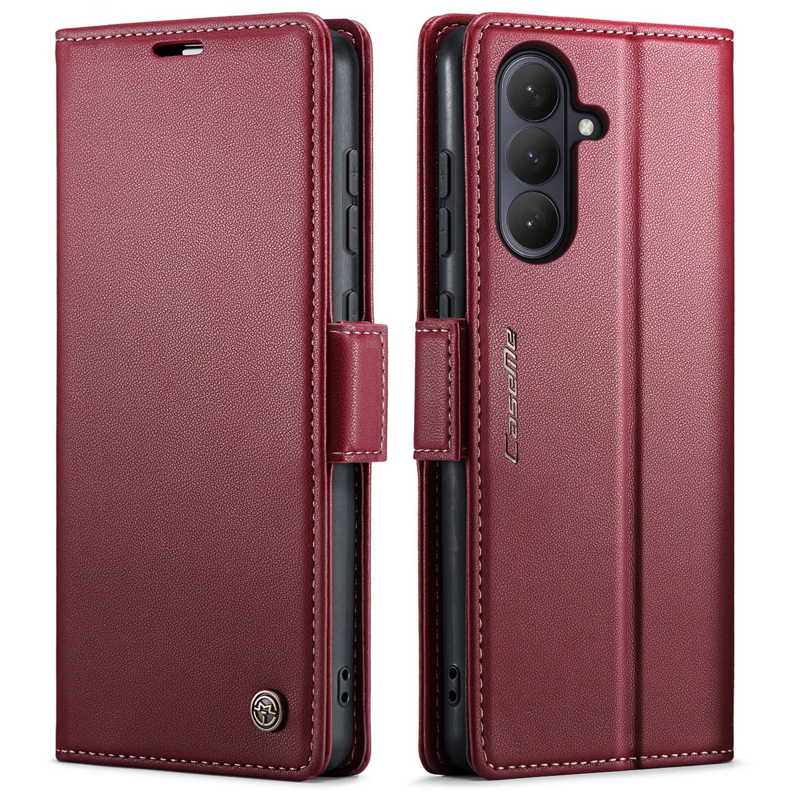 Angle. UUCOVER - Magnetic Wallet Case for Samsung Galaxy S26 FE,Shockproof Leather+TPU RFID Blocking Card Slots Cash Pocket Stand Cover - Winered.