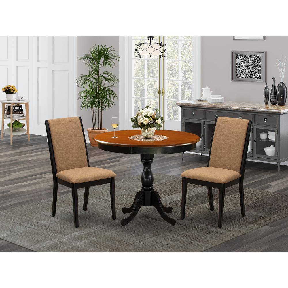 Angle. East West Furniture - East West Furniture 3-Pc Dining Room Table Set Consists of a Dining Table and 2 Light Sable Linen Fabric Parsons Chairs - Multi-Color.