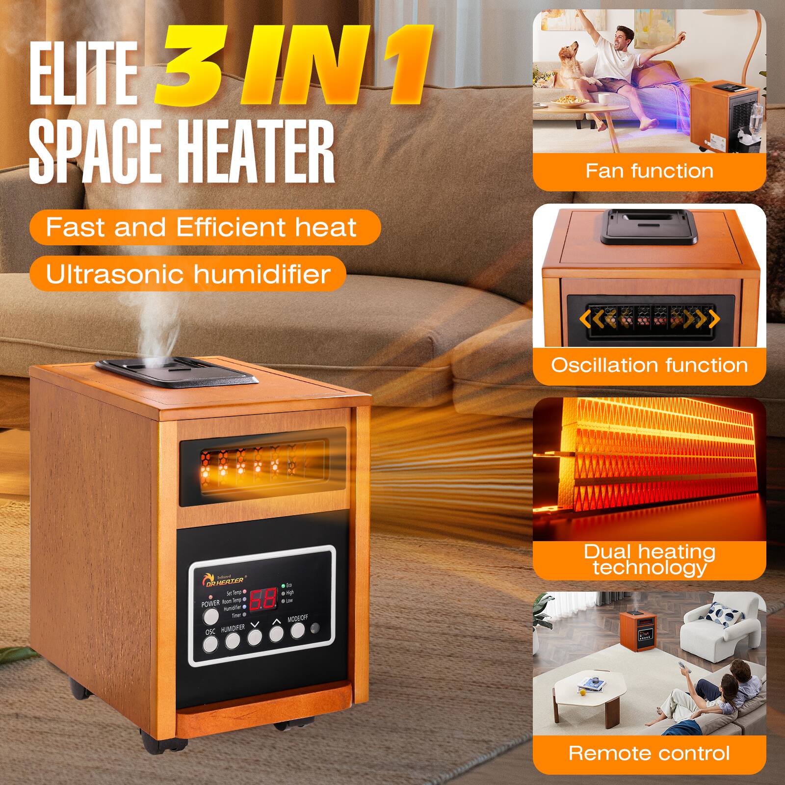 ELITE 3 IN 1 SPACE HEATER

- Fast and Efficient heat
- Ultrasonic humidifier
- Fan function
- Oscillation function
- Dual heating technology
- Remote control