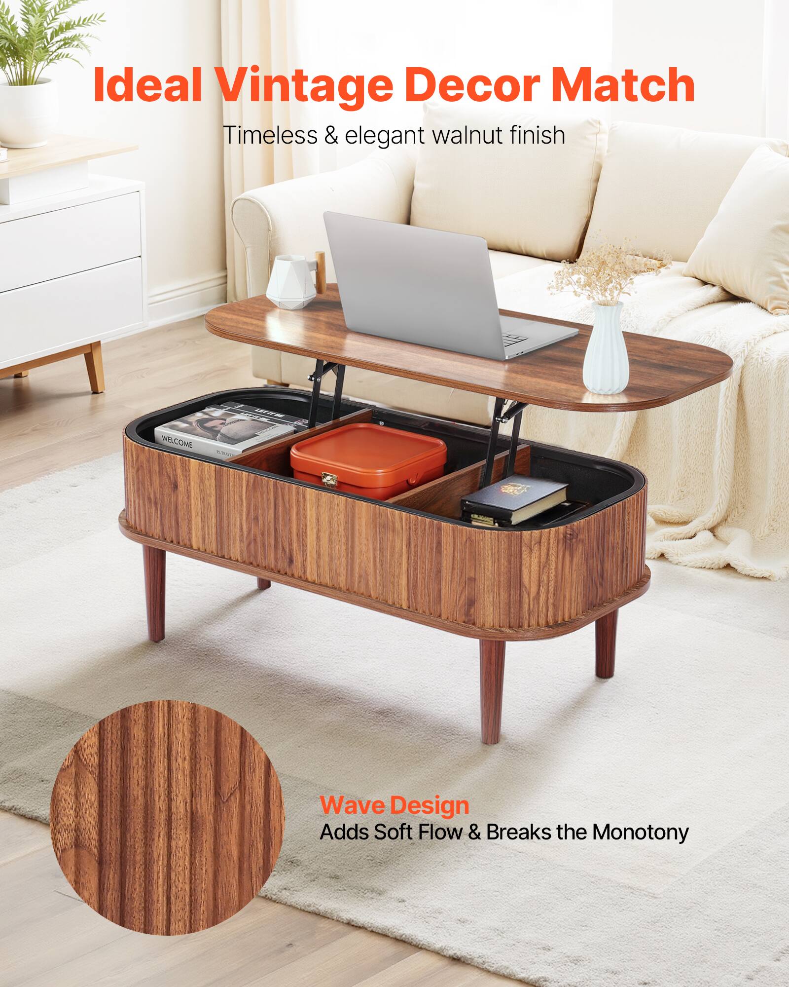 Ideal Vintage Decor Match  
Timeless & elegant walnut finish  

Wave Design  
Adds Soft Flow & Breaks the Monotony