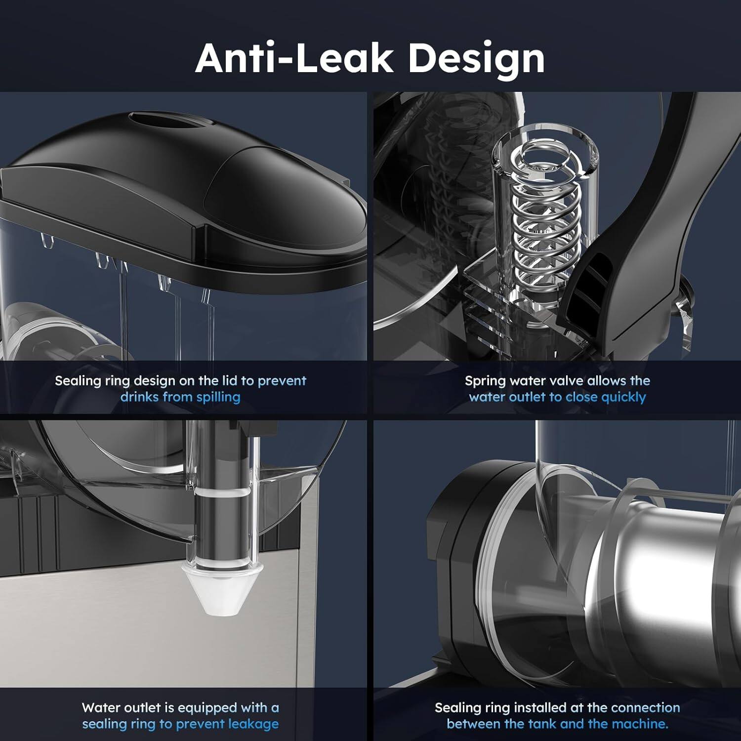 Anti-Leak Design

1. Sealing ring design on the lid to prevent drinks from spilling
2. Spring water valve allows the water outlet to close quickly
3. Water outlet is equipped with a sealing ring to prevent leakage
4. Sealing ring installed at the connection between the tank and the machine.