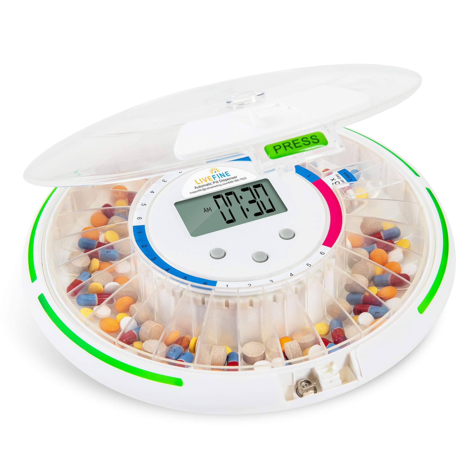 LiveFine - Automatic Pill Dispenser W/28-Day Organizer, 6 Dosage Templates, LCD Display - Frosted Lid