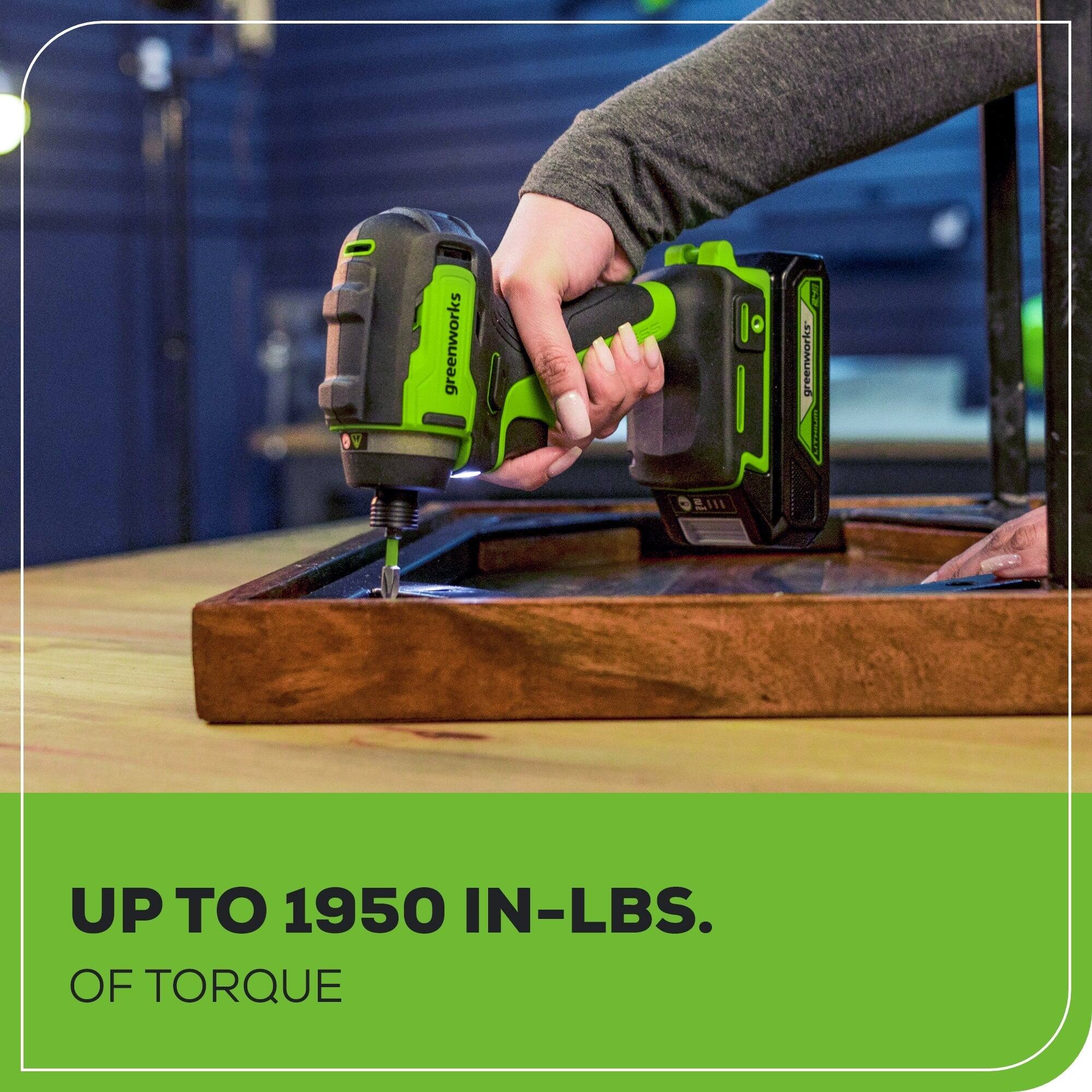 greenworks  
Q 2 EOMa0  
I UP TO 1950 IN-LBS. OF TORQUE