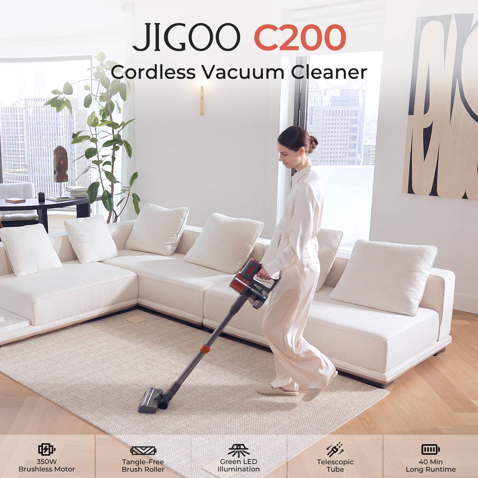 JIGOO C200 Cordless Vacuum Cleaner  350W Brushless Motor Tangle-Free Brush Roller Green LED Illumination Telescopic Tube 40 Min Long Runtime
