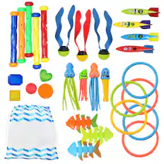 Front. Joyfy - 30 Pcs Diving Pool Toys for Kids, Jumbo Swimming Pool Diving Toys Set with Storage Bag, Pool Games Summer Swim Fish Toys.