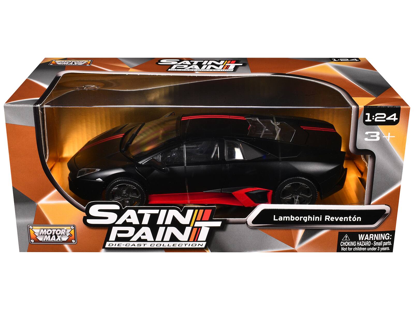 A MAE SATIN PAINT LLMMIEEE | I 1:24 3 SATINI MOTOR PAINTIL MAX DIE-CAST COLLECTION Lamborghini Reventon WARNING: CHOKING HAZARD Small parts. Not for children under 3 years.