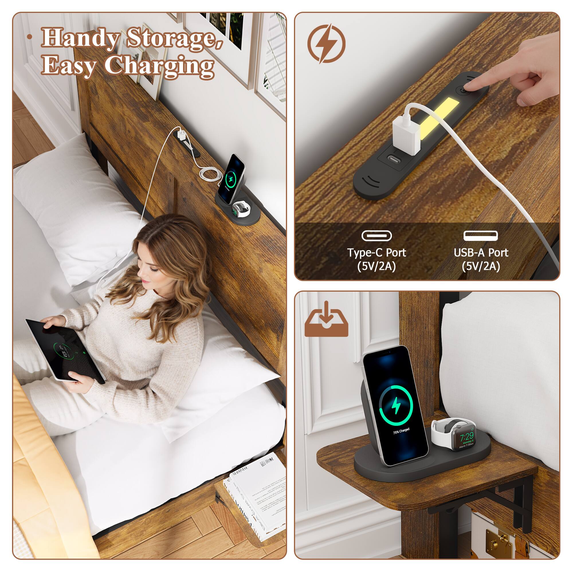 Handy Storage, Easy Charging

- Type-C Port (5V/2A)
- USB-A Port (5V/2A)