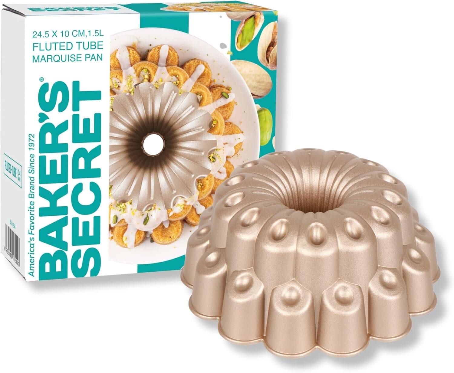BAKER'S SECRET  
America's Favorite Brand Since 1972  

24.5 X 10 CM, 1.5L  
FLUTED TUBE  
MARQUISE PAN