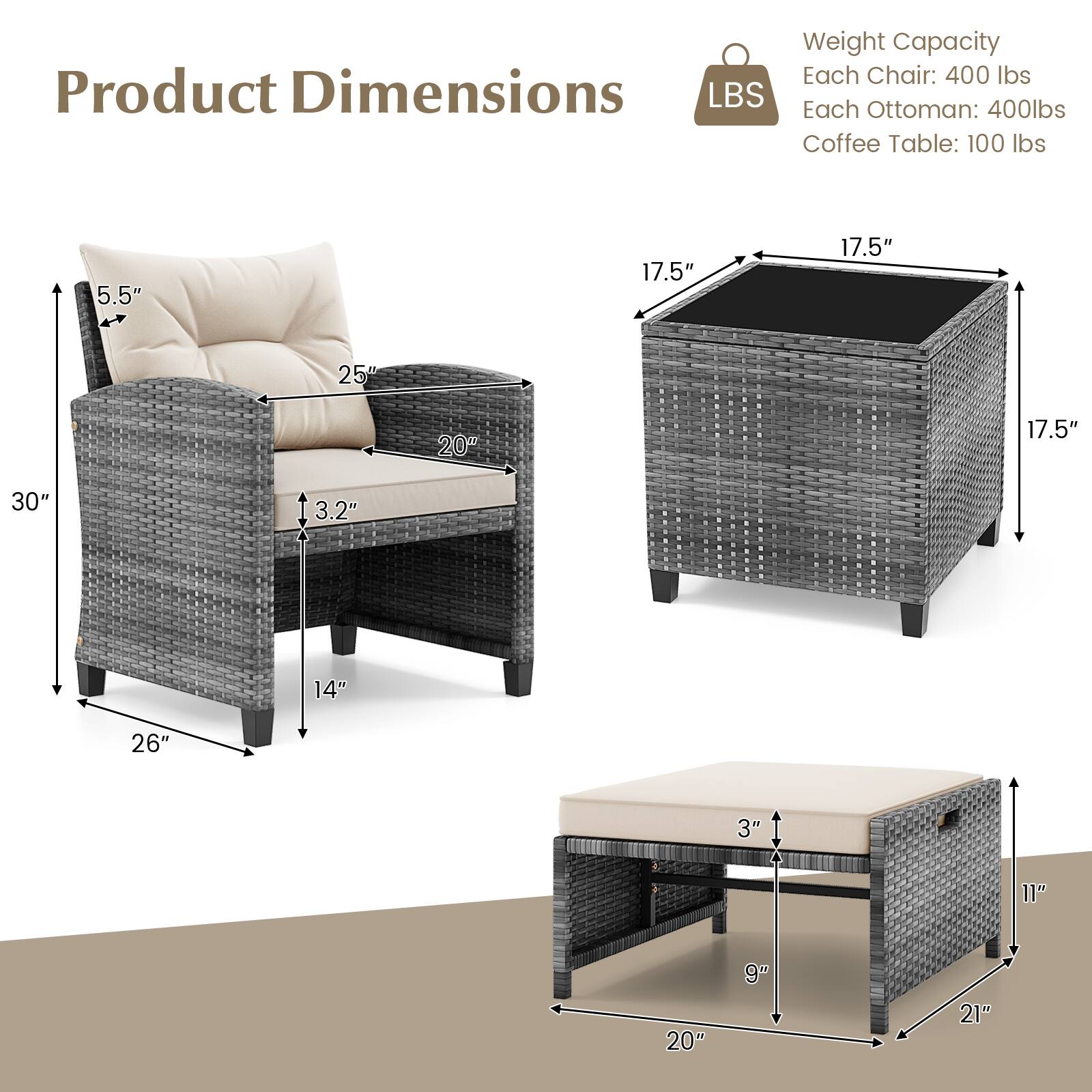 Weight Capacity:  
Each Chair: 400 lbs  
Each Ottoman: 400 lbs  
Coffee Table: 100 lbs  

Product Dimensions:  
Chair: 5.5" x 25" x 30" x 14" x 3.2"  
Ottoman: 17.5" x 17.5" x 26" x 14"  
Coffee Table: 20" x 11" x 21" x 3"