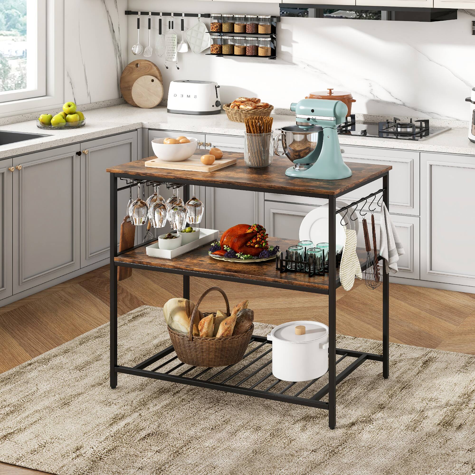 Alt View 1. Gymax - Gymax Kitchen Island 3-Tier Prep Table with Wine Glass Holders Large Worktop - Rustic Brown.