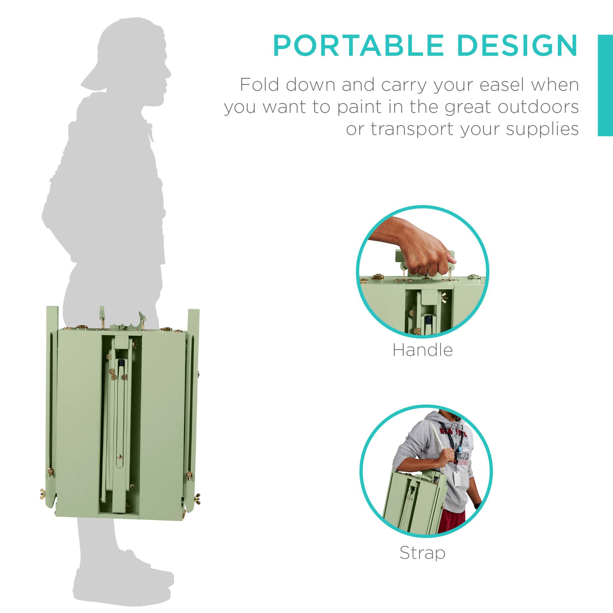 PORTABLE DESIGN  
Fold down and carry your easel when you want to paint in the great outdoors or transport your supplies  

Handle  
Strap