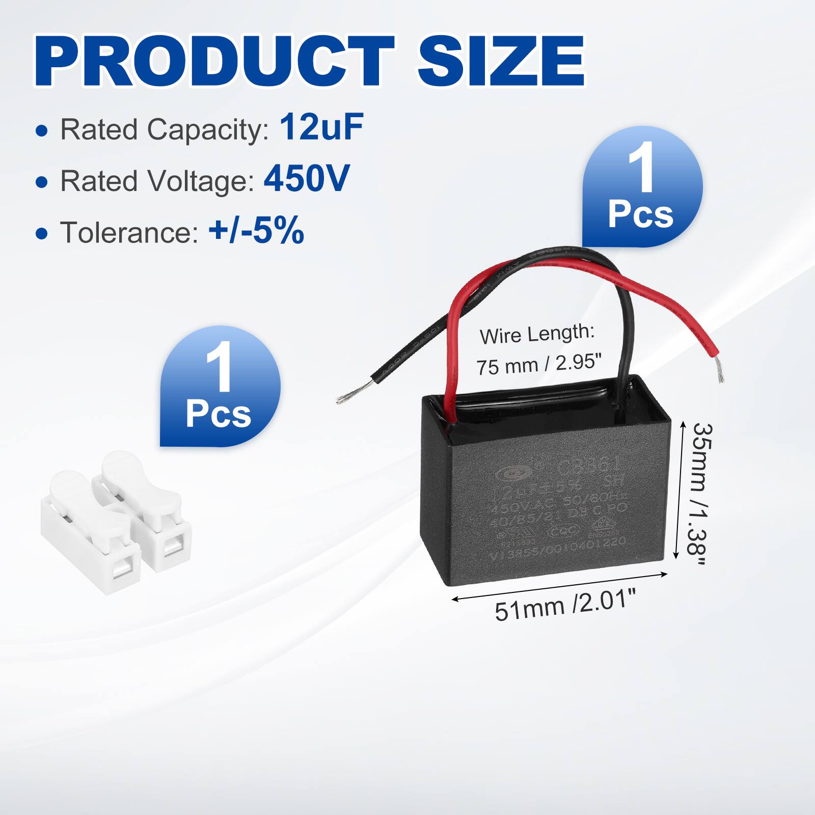 PRODUCT SIZE

- Rated Capacity: 12uF
- Rated Voltage: 450V
- Tolerance: +/-5%
- 1 Pcs

Wire Length: 75 mm / 2.95"

Dimensions:
- 51mm / 2.01"
- 35mm / 1.38"