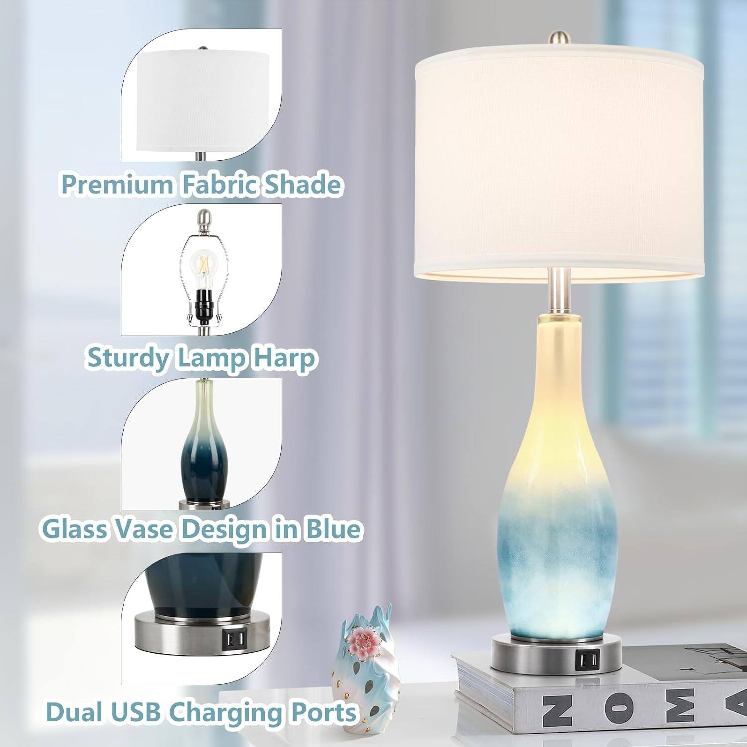 Premium Fabric Shade, Sturdy Lamp Harp, Glass Vase Design in Blue, Dual USB Charging Ports