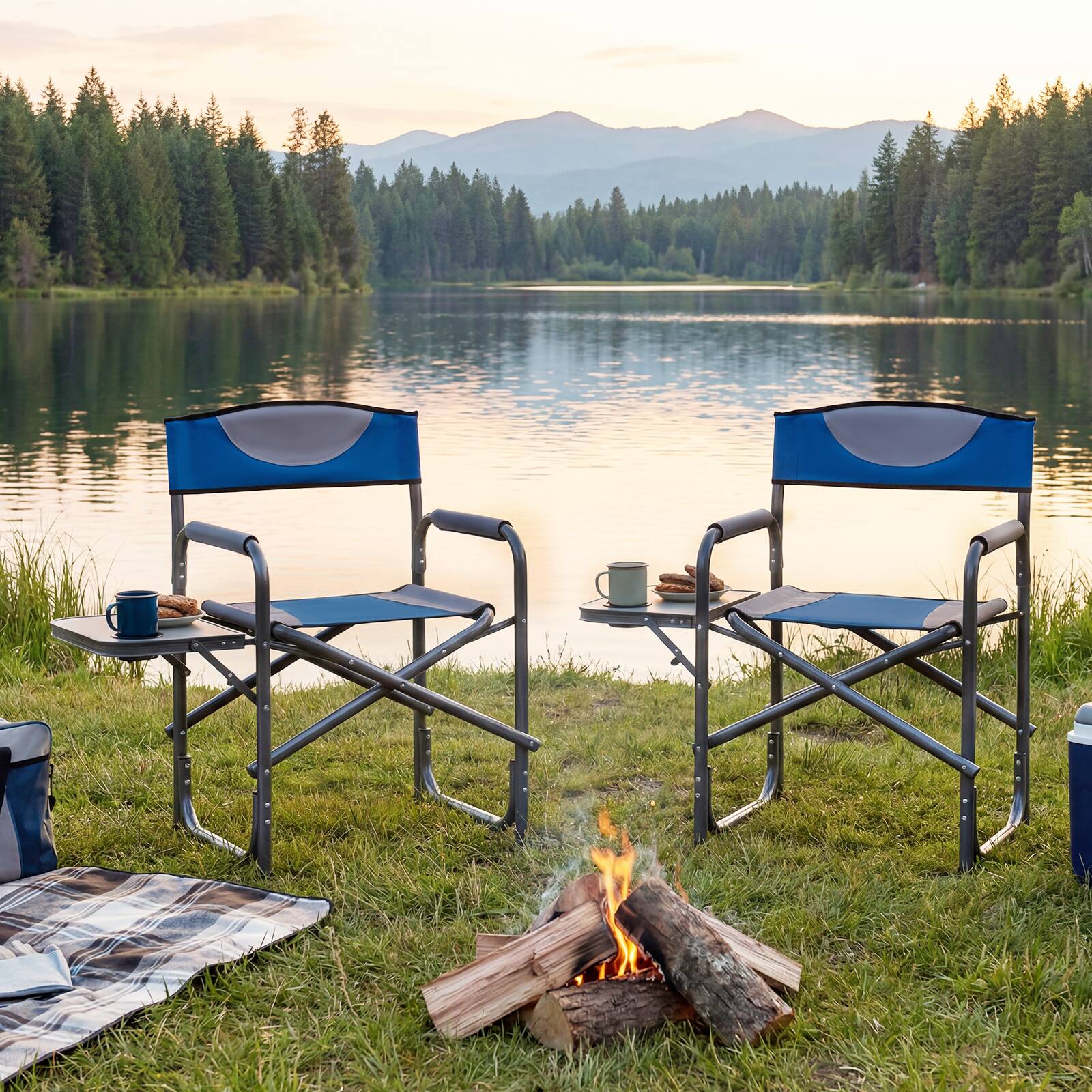 Alt View 3. Costway - Costway Folding Camping Chair, Lightweight Portable Directors Chair with Side Table - Blue.