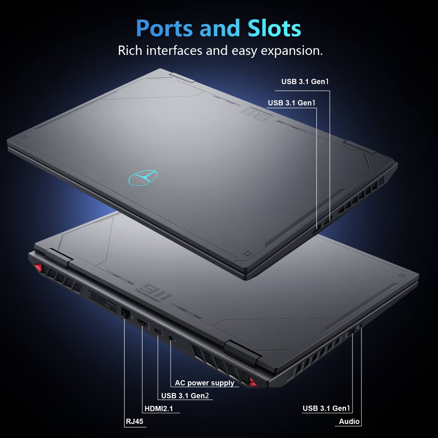 Ports and Slots  
Rich interfaces and easy expansion.  

USB 3.1 Gen1  
USB 3.1 Gen1  
AC power supply  
USB 3.1 Gen2  
HDMI2.1  
USB 3.1 Gen1  
RJ45  
Audio