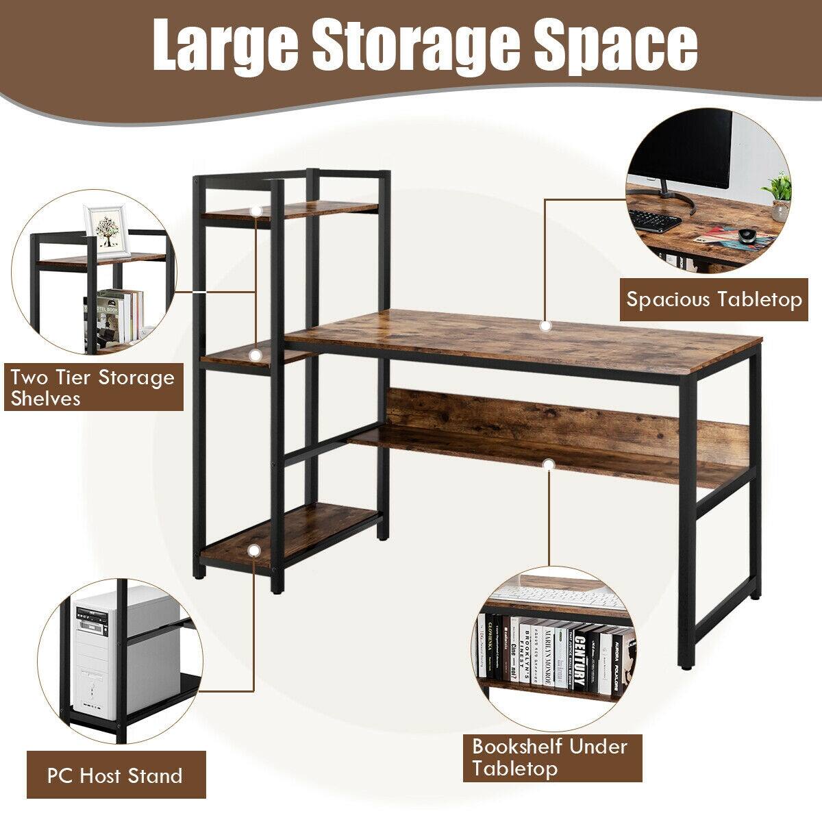 Large Storage Space, Spacious Tabletop, Two Tier Storage Shelves, Bookshelf Under Tabletop, PC Host Stand