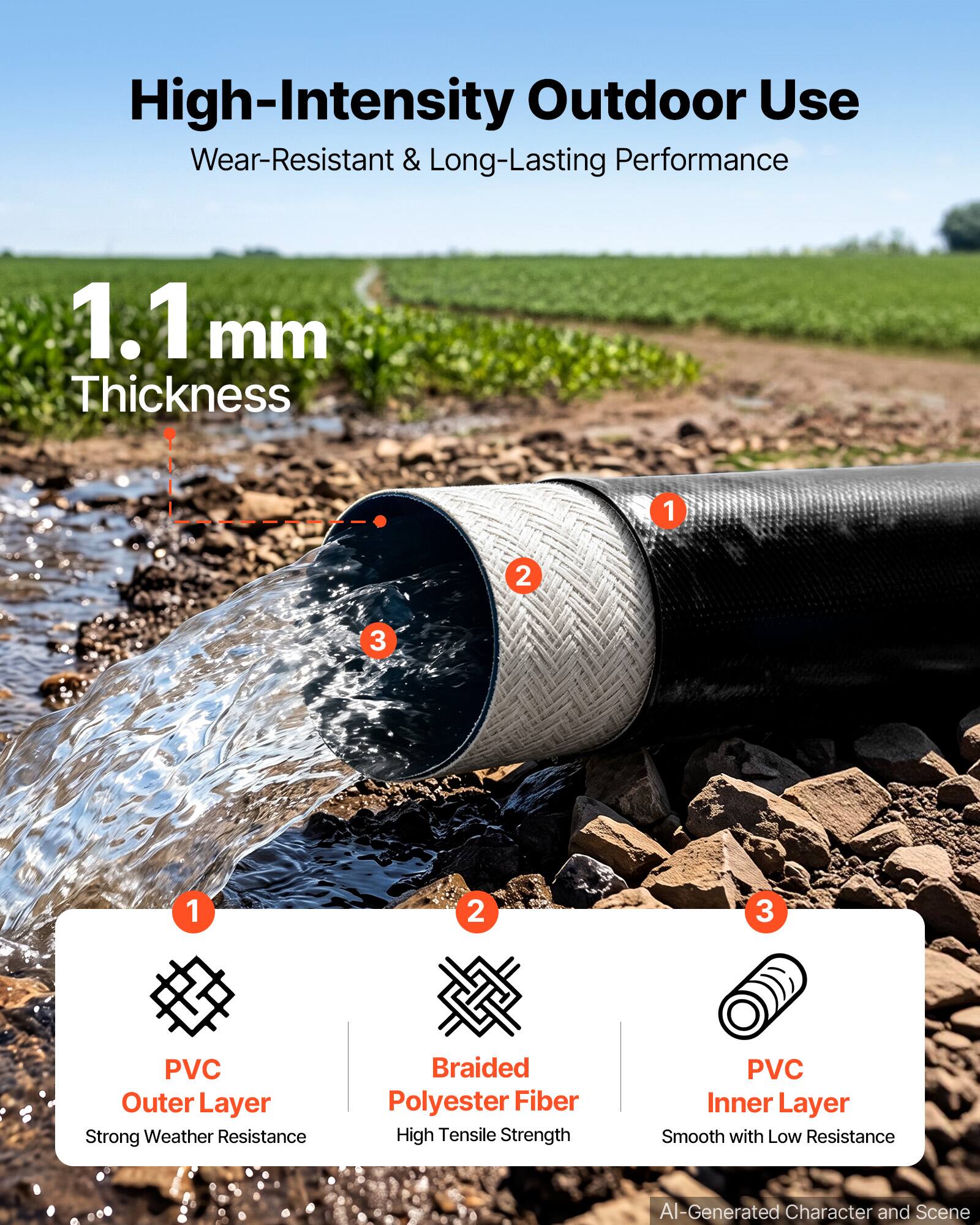 High-Intensity Outdoor Use  
Wear-Resistant & Long-Lasting Performance

1.1 mm Thickness

1. PVC Outer Layer  
   Strong Weather Resistance

2. Braided Polyester Fiber  
   High Tensile Strength

3. PVC Inner Layer  
   Smooth with Low Resistance
