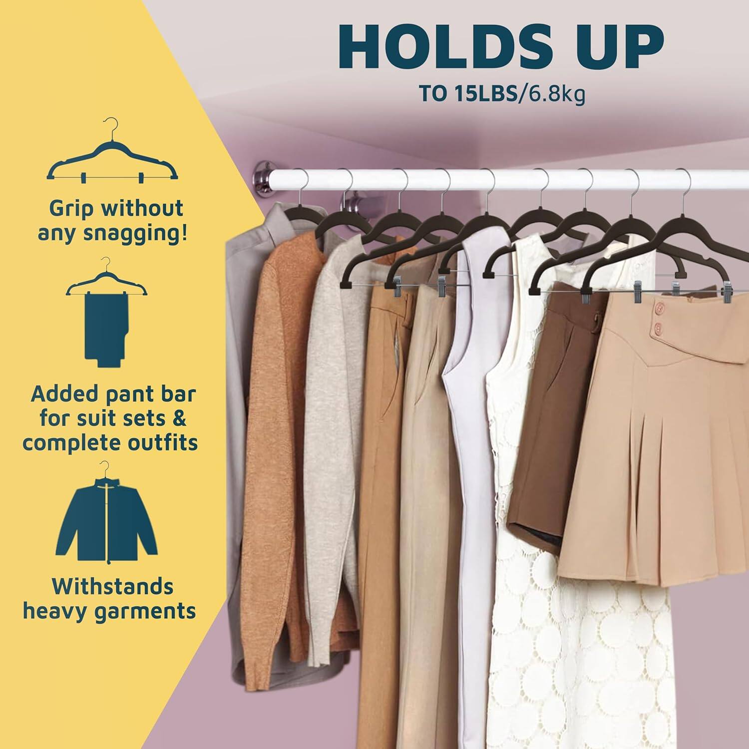 HOLDS UP
TO 15LBS/6.8kg
Grip without any snagging!
Added pant bar for suit sets & complete outfits
Withstands heavy garments