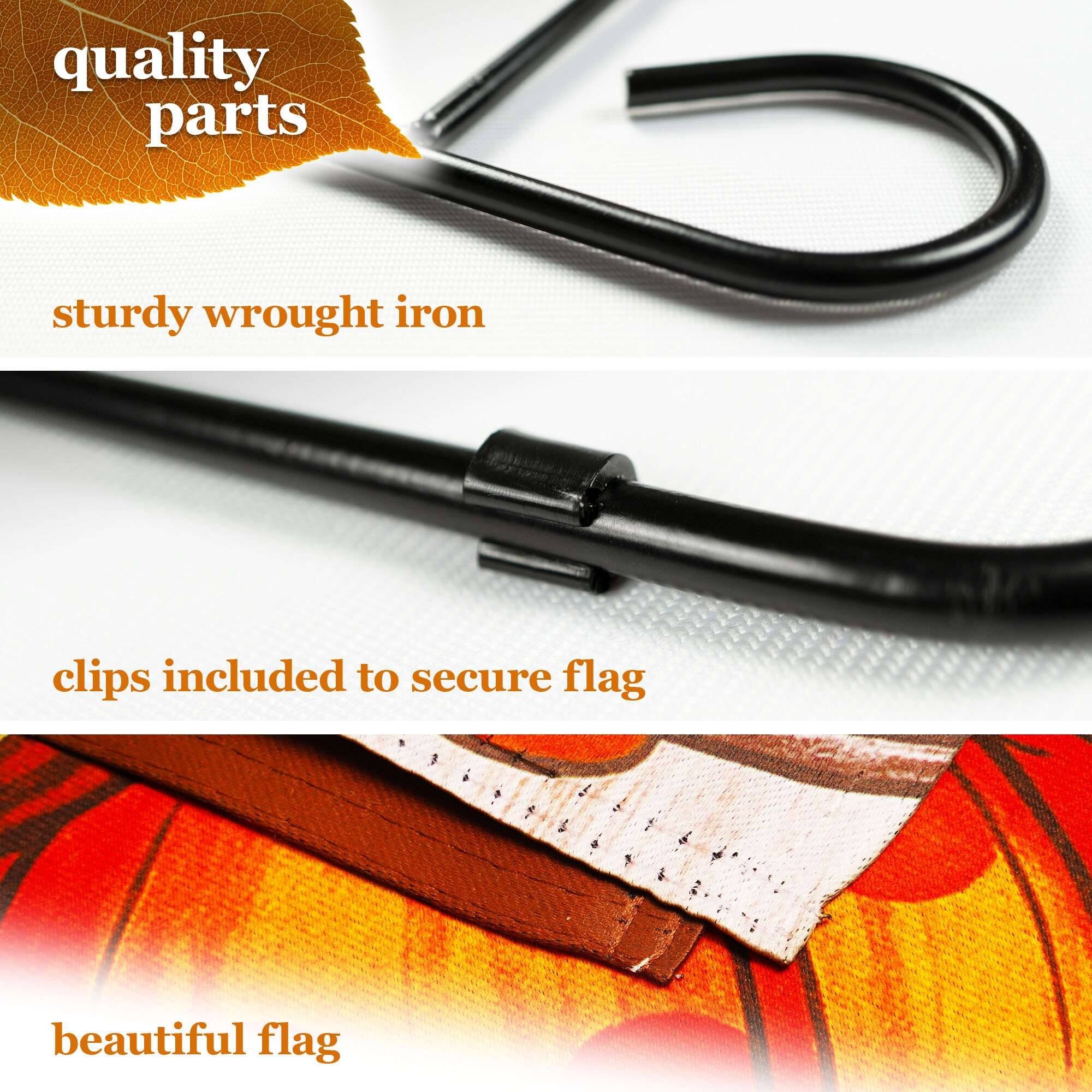 quality parts  
sturdy wrought iron  
clips included to secure flag  
beautiful flag
