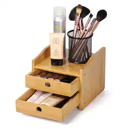 Oumilen - Bamboo Desktop Organizer with 2 Drawers – Natural Bamboo Storage Box for Makeup & Office