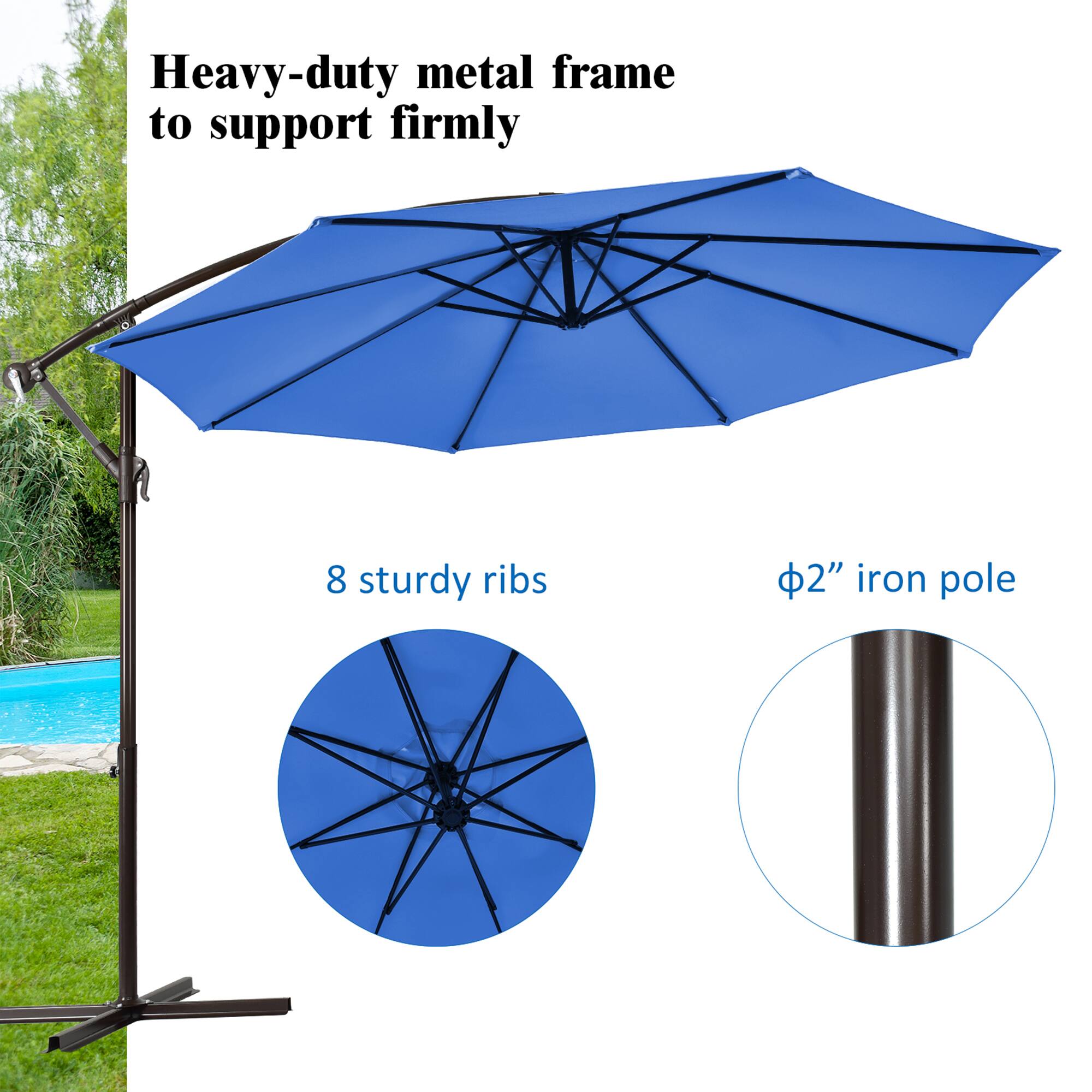 Heavy-duty metal frame to support firmly, 8 sturdy ribs, 2" iron pole