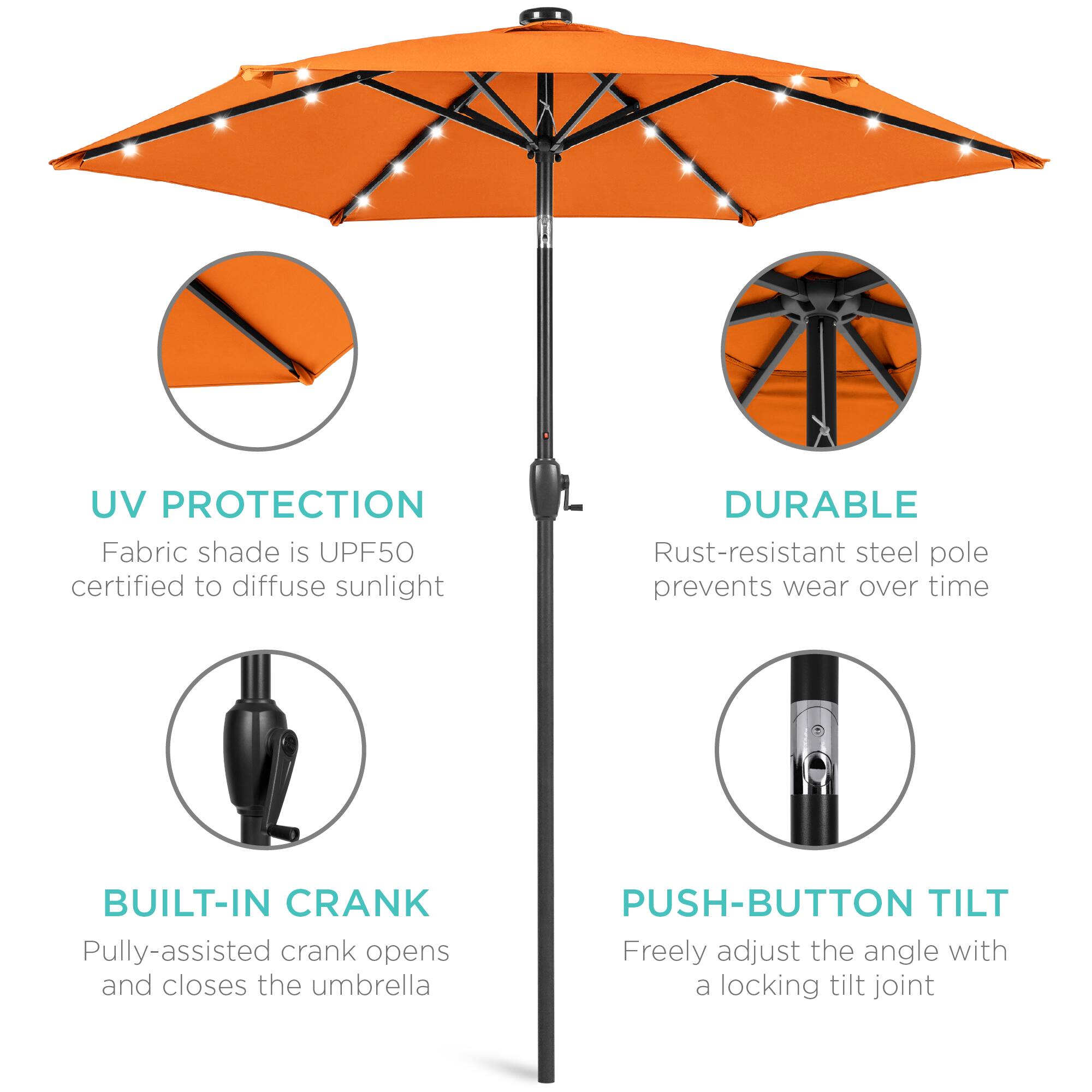 UV PROTECTION  
Fabric shade is UPF50 certified to diffuse sunlight  

DURABLE  
Rust-resistant steel pole prevents wear over time  

BUILT-IN CRANK  
Pully-assisted crank opens and closes the umbrella  

PUSH-BUTTON TILT  
Freely adjust the angle with a locking tilt joint