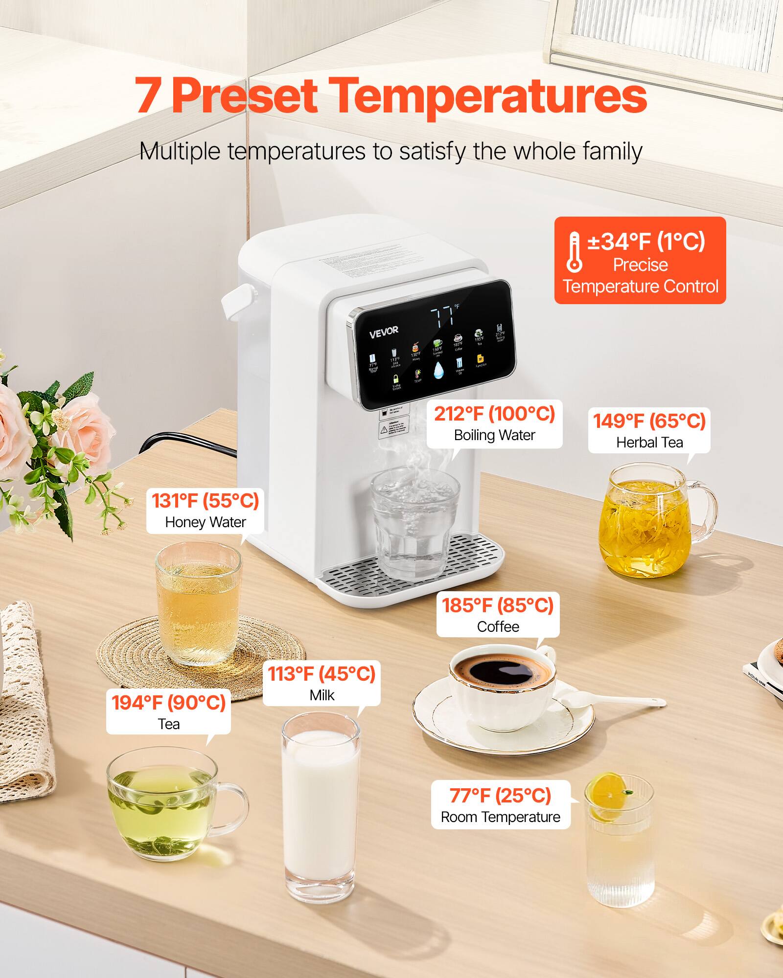 7 Preset Temperatures  
Multiple temperatures to satisfy the whole family

34F (1C) Precise Temperature Control

212F (100C) Boiling Water  
149F (65C) Herbal Tea  
131F (55C) Honey Water  
185F (85C) Coffee  
194F (90C) Tea  
113F (45C) Milk  
77F (25C) Room Temperature
