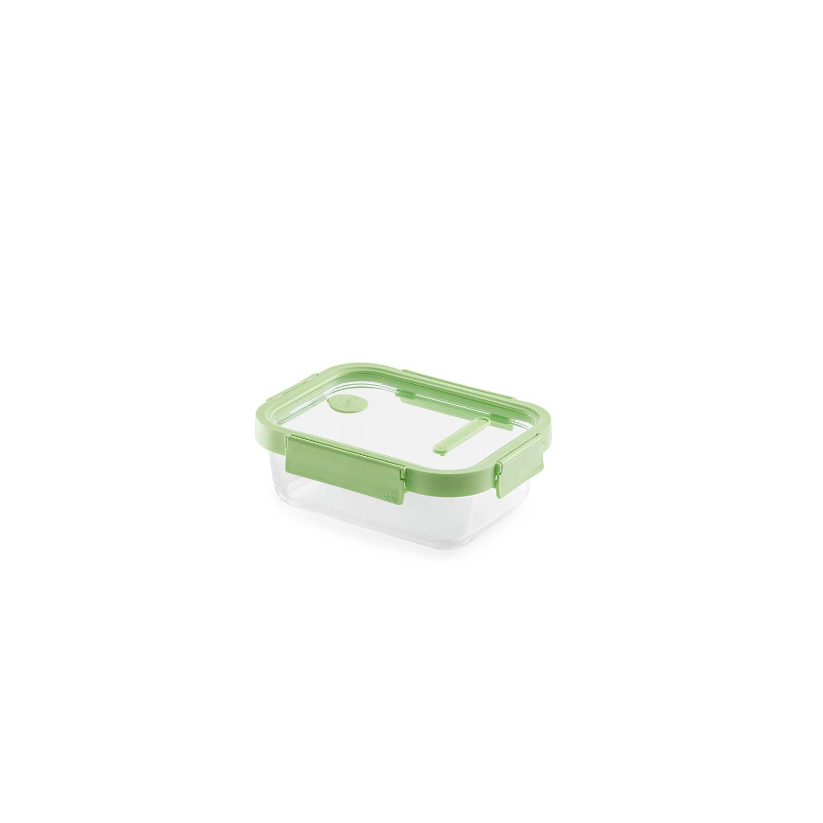 Front. Lekue - 100% Airtight Rectangular Glass Food Storage Container, 34 oz - Green.