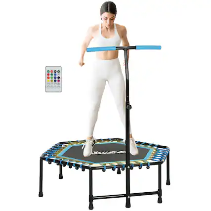 Front. Soozier - 45" Rebounder Trampoline for Adults, Mini Trampoline Indoor with Colorful LED Lights and Adjustable Handle - Blue.