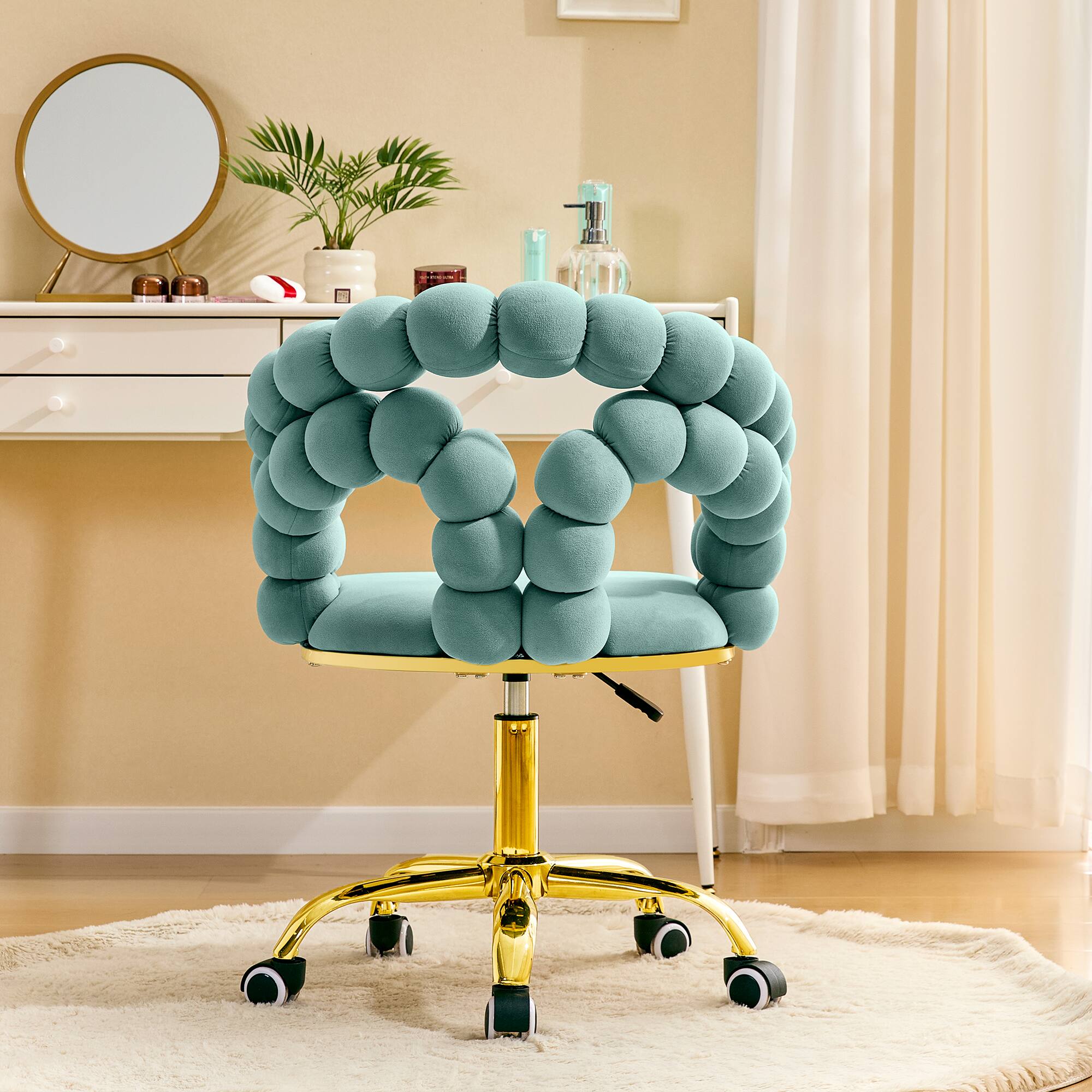 Back. Loheer - Loheer- Velvet Desk Chair Teal Swivel Vanity Chair with Gold Base and Wheels for Bedroom Home Office 2.82 ft - Gold,Teal.