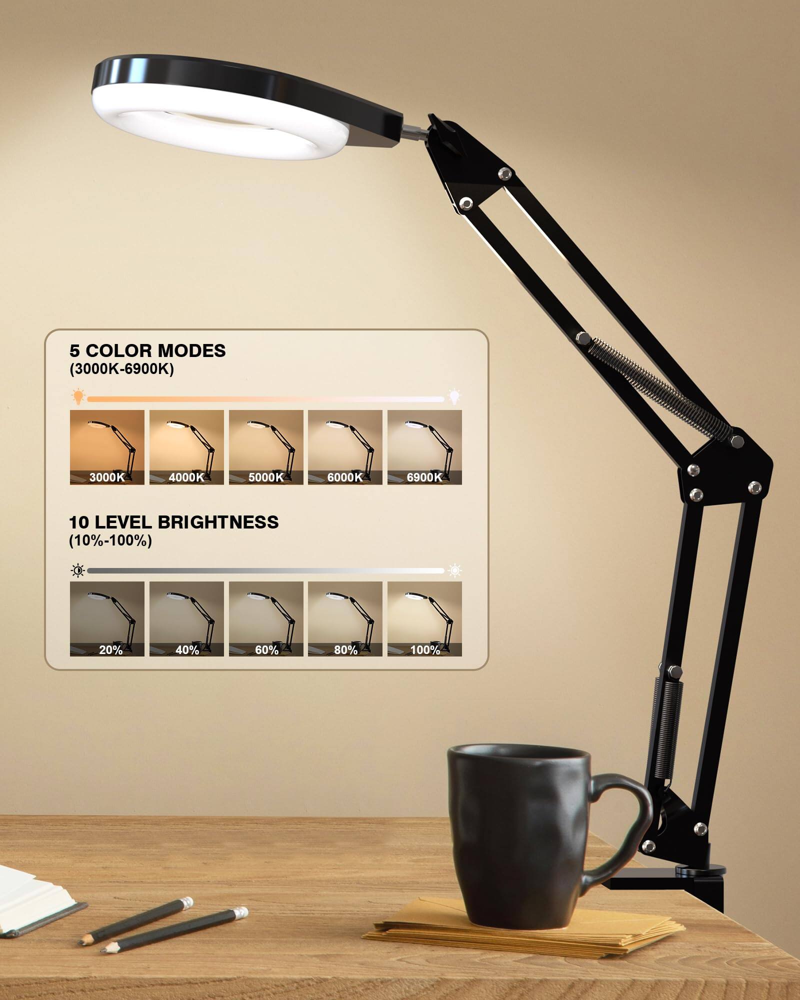 5 COLOR MODES (3000K-6900K)  
3000K 4000K 5000K 6000K 6900K  

10 LEVEL BRIGHTNESS (10%-100%)  
20% 40% 60% 80% 100%